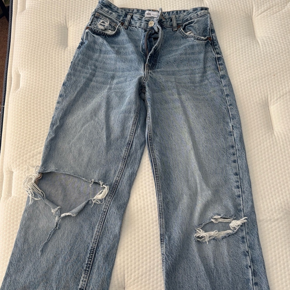 Zara Light Blue Distressed Straight Leg Jeans
